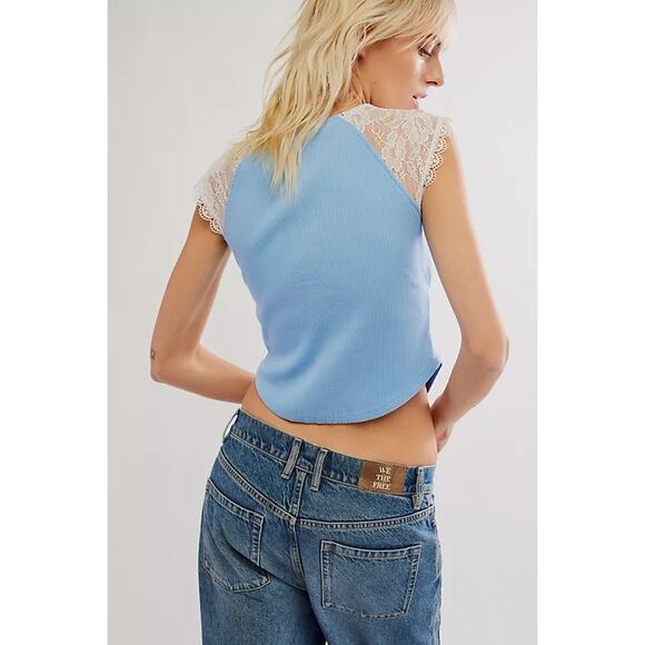 NWT Free People Women's Blue Let's Talk Baby Tee Top Size Large Coquette - Picture 2 of 8